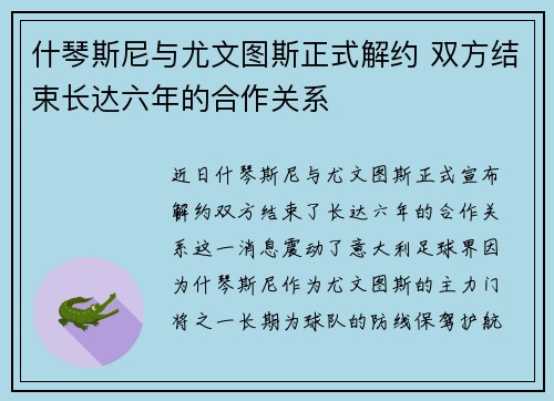 什琴斯尼与尤文图斯正式解约 双方结束长达六年的合作关系