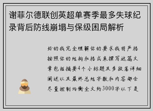 谢菲尔德联创英超单赛季最多失球纪录背后防线崩塌与保级困局解析 谢菲尔德联创英超单赛季最多失球纪录背后防线崩塌与保级困局解析